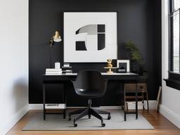 Minimalist monochrome office with a CB2 black steel desk, Herman Miller ergonomic chair, and Benjamin Moore pure white walls.  