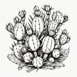 Simplified Whimsical sketch of prickly pear cacti paddles black and white  ,tattoo design, white background