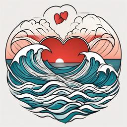 Heart and Wave Tattoo - Combine love and nature with a tattoo featuring a heart and wave design.  simple vector color tattoo,minimal,white background