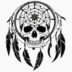 Skull Dream Catcher Tattoo - Tattoo combining a dream catcher with skull motifs.  simple vector tattoo,minimalist,white background