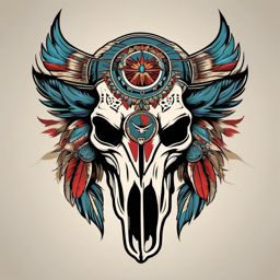 Buffalo skull with thunderbird design: Native American symbolism, power.  simple color tattoo style