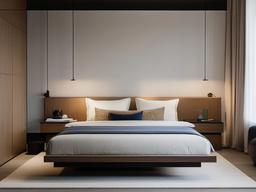 Bauhaus guest bedroom offers simple, minimalist furnishings, neutral tones, and geometric accents, ensuring a comfortable and functional environment for guests.  