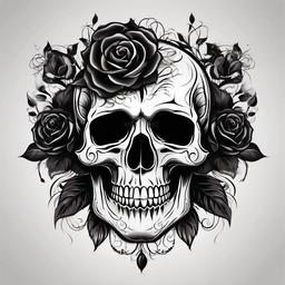 Skull Black Rose Tattoo-Celebration of dark beauty with a skull black rose tattoo, symbolizing mystery and the transient nature of life.  simple vector color tattoo