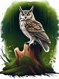 Owl Tattoo - Owl perched on a mossy tree stump, representing wisdom  color tattoo design, clean white background