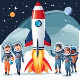 Cartoon rocket with astronauts inside clipart.  vector style illustration, white background