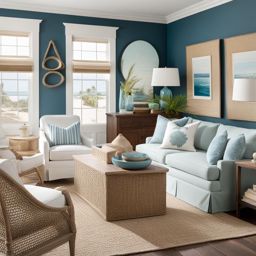 coastal living room with coastal decor and a color palette inspired by the sea. 