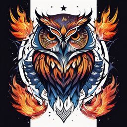 Cosmic owl tattoo rising from cosmic, transformative flames.  color tattoo style, minimalist design, white background