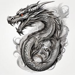 Dragon tattoo, Fearsome dragon tattoo, guardian of hidden treasures and power. , tattoo color art, clean white background