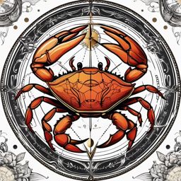 Crab and compass rose ink. Navigating the seas of emotions.  color tattoo design, white background