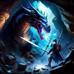 sigurd vs the wyrm - a courageous norse hero engages the monstrous wyrm in a cavernous lair, piercing its heart with a magical sword. 