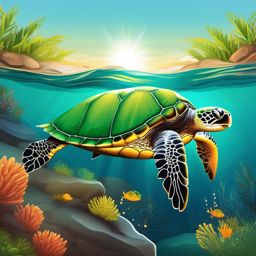 Green Turtle - On a sunlit rock, the green turtle basks in the warmth, showcasing the harmony of land and sea.  vector art, clipart, minimal