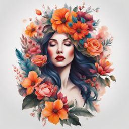 Flower woman tattoo, Artistic tattoos that showcase women alongside floral elements.  vivid colors, white background, tattoo design