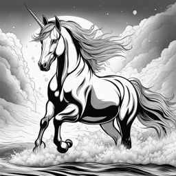 unicorn coloring pages - resilient unicorn braving a raging tempest, its coat glistening with raindrops in the storm's fury. 