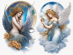 Clouds and Angels Tattoos-Creative and symbolic tattoos featuring both clouds and angels, capturing themes of celestial beauty and spirituality.  simple color tattoo,white background