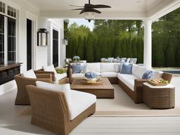 The outdoor patio embraces Hampton interior design with comfortable seating, light fabrics, and elegant decor that create an inviting space for gatherings and relaxation.  