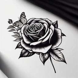 black rose and butterfly tattoo  simple color tattoo, minimal, white background