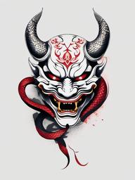 hannya mask with snake  simple color tattoo,white background,minimal