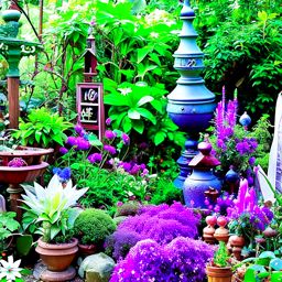 wizard's enchanting garden filled with magical herbs and enchanted statues. 