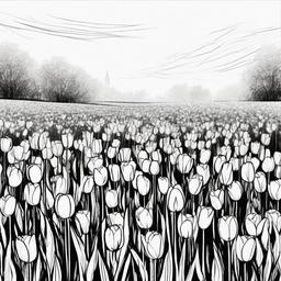 drawing of tulips in a park  minimal rough sketch scribbles,doodles,black and white