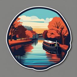 Canal Boat Sticker - Tranquil waterway, ,vector color sticker art,minimal