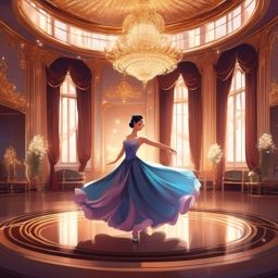 Elegant ballroom dancer, dressed in a royal gown, waltzing gracefully in a splendid palace.  front facing ,centered portrait shot, cute anime color style, pfp, full face visible