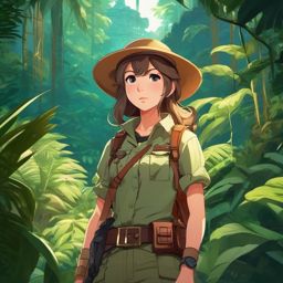 Adventurous explorer in a lost jungle temple.  front facing ,centered portrait shot, cute anime color style, pfp, full face visible