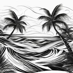 drawing of waves with palm trees  minimal rough sketch scribbles,doodles,black and white