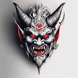 Japanese Demon Head Tattoo - Tattoo depicting a demon's head inspired by Japanese mythology.  simple color tattoo,white background,minimal