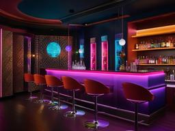 In the bar room, cosmic chic interior design includes a stylish bar setup, colorful decor, and cosmic-themed accents that create a vibrant atmosphere for socializing.  