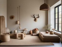 The playroom embodies Wabi Sabi interior design with cozy seating, earthy toys, and natural decor that provide a stylish space for children's activities.  