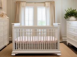 The nursery features American Colonial interior design with a classic crib, soft colors, and traditional decor that creates a nurturing and serene space for the baby.  