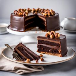 a slice of decadent chocolate hazelnut torte, with layers of chocolate ganache and hazelnut praline. 