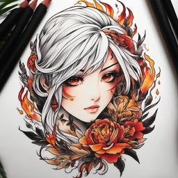 fire anime tattoos  simple color tattoo,white background