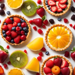 an artisanal fruit tart, with a buttery crust filled with an assortment of colorful, glazed fruits. 