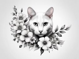 Cat paw with delicate flowers tattoo: A touch of nature's beauty in ink.  black white tattoo, white background