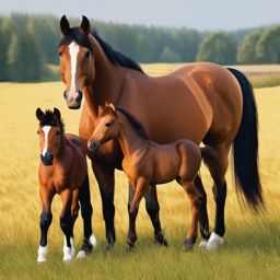 Horse Family clipart - Horse family in a field, ,vector color clipart,minimal