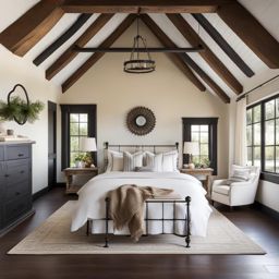 farmhouse bedroom with rustic wooden beams and a wrought-iron bed. 