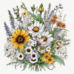 January February march may June August wildflower bouquet   ,tattoo design, white background