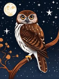 Northern pygmy owl tattoo against a starry night sky, symbolizing wisdom.  color tattoo style, minimalist design, white background