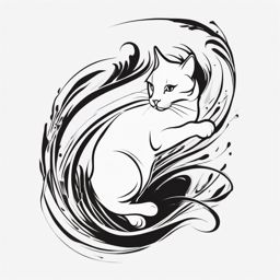 Dynamic cat in pouncing motion tattoo: Playful spirit in elegant black ink.  black white outline tattoo, white background