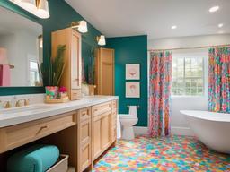 Candy Land master bathroom features colorful tiles, fun shower curtains, and playful decor, creating a refreshing and joyful space for self-care.  