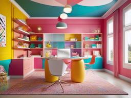 Candy Land home office showcases bright furniture, whimsical decor, and colorful organizers, creating an inspiring and playful workspace for creativity and productivity.  