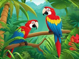 Macaw Cartoon - Cartoon of macaw in tropical jungle  