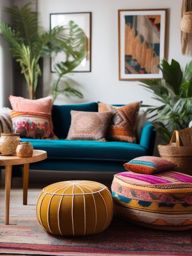 Bohemian Living Room - Cozy living room into a boho paradise with eclectic decor and vibrant textiles. realistic, professional photography, bokeh, natural lighting, canon lens, shot on dslr 64 megapixels sharp focus