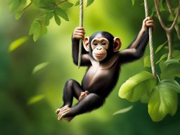 adorable baby chimpanzee swinging from tree branches in the jungle. 