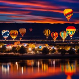 albuquerque's balloon fiesta - create a night scene of albuquerque's balloon fiesta, with colorful hot air balloons rising against the dark desert sky. 