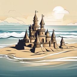 Intricately Built Sandcastle on the Beach Clipart - Beautifully detailed sandcastle on the sandy shore by the ocean.  color clipart, minimalist, vector art, 