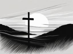 drawing of a cross at sunset  minimal rough sketch scribbles,doodles,black and white