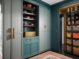 The storage room showcases Egyptian Revival interior design with organized bins, decorative accents, and vibrant colors that maximize efficiency and add charm to the space.  