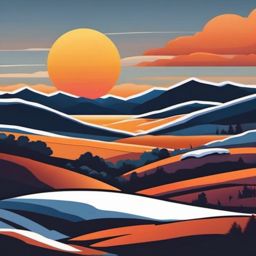 Sunset over snowy hills sticker- Winter warmth, , sticker vector art, minimalist design